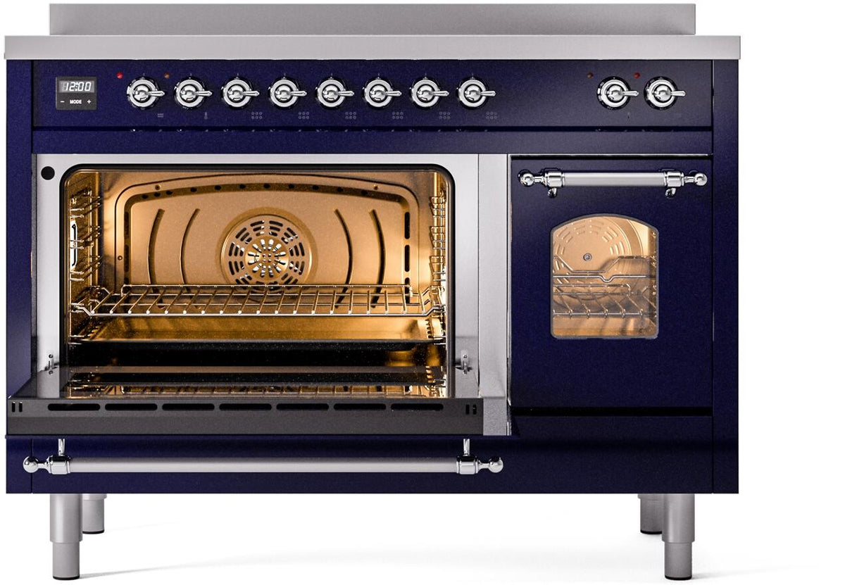 Midnight blue freestanding electric induction range with chrome trim, open oven doors
