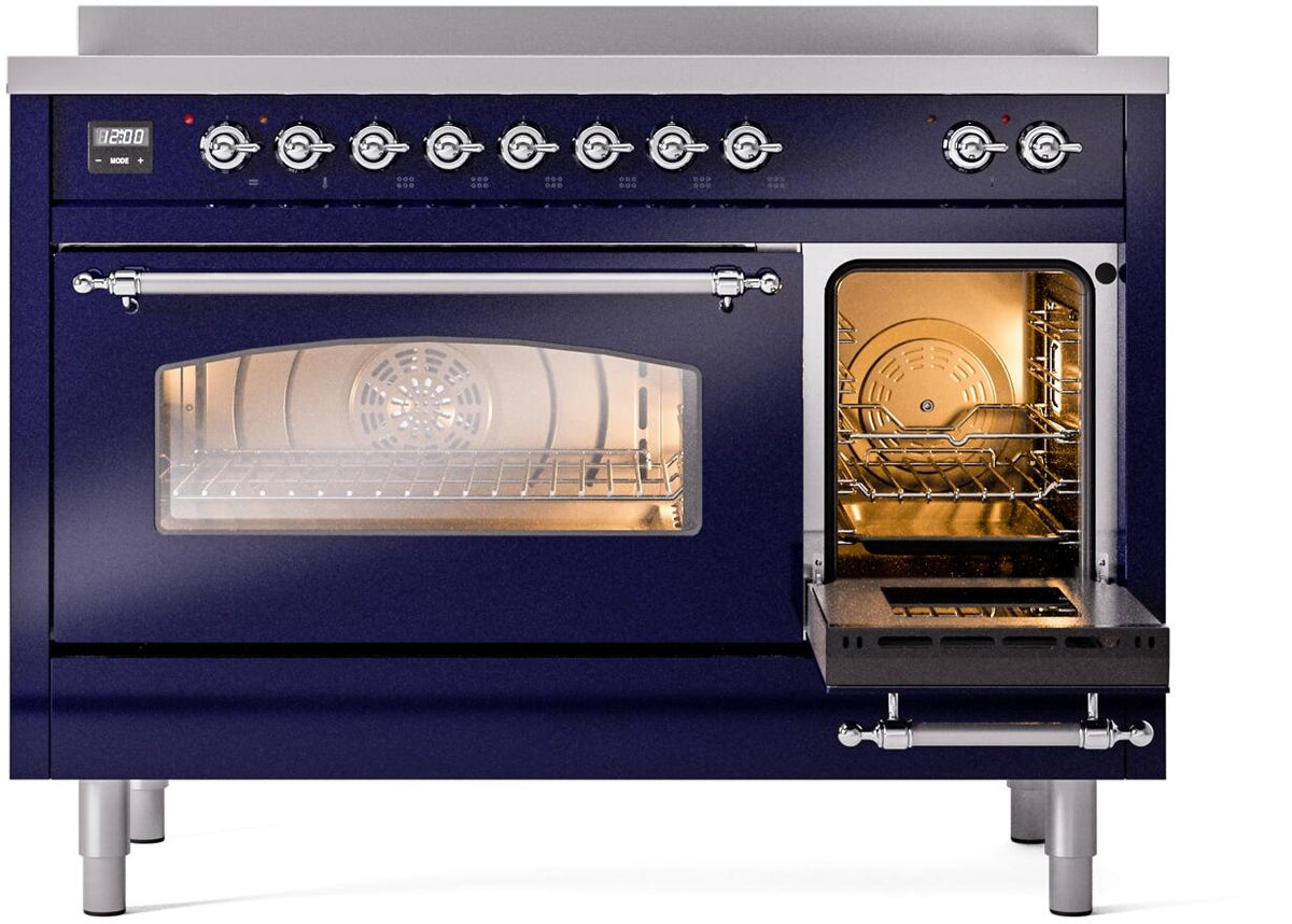 Midnight blue freestanding electric induction range with chrome trim, right oven open