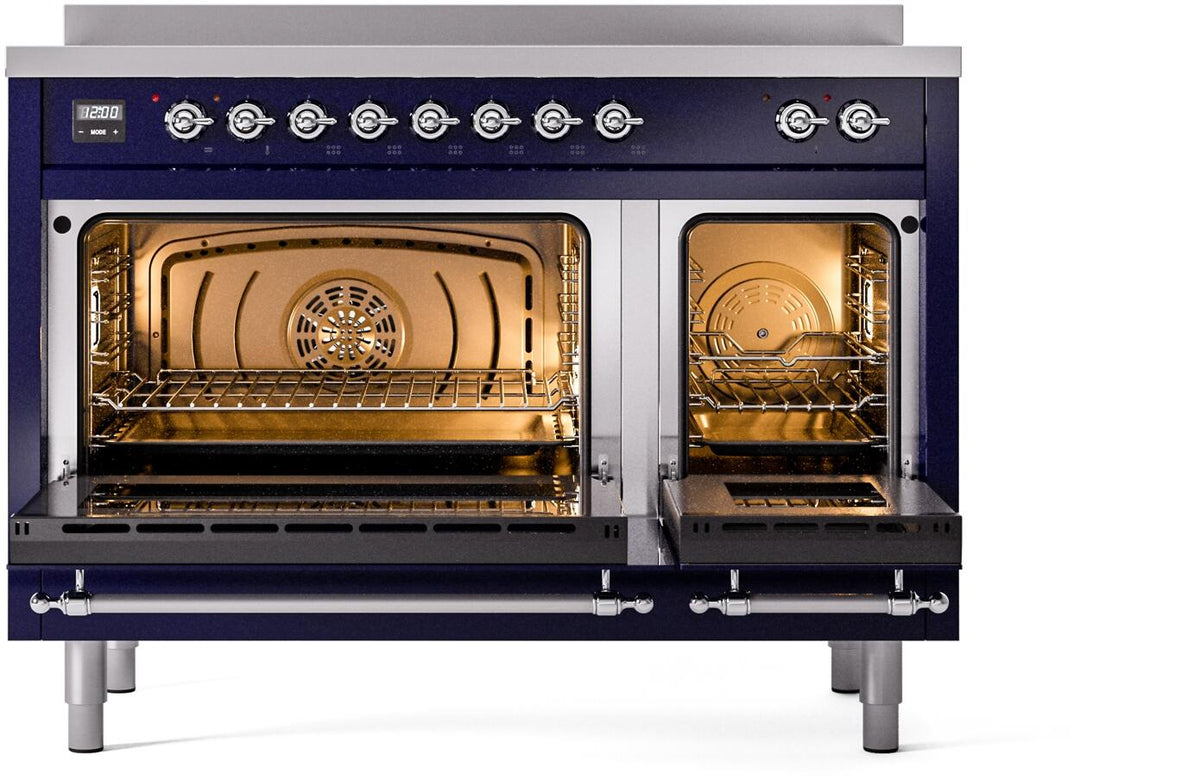 Midnight blue freestanding electric induction range with chrome trim, both ovens open