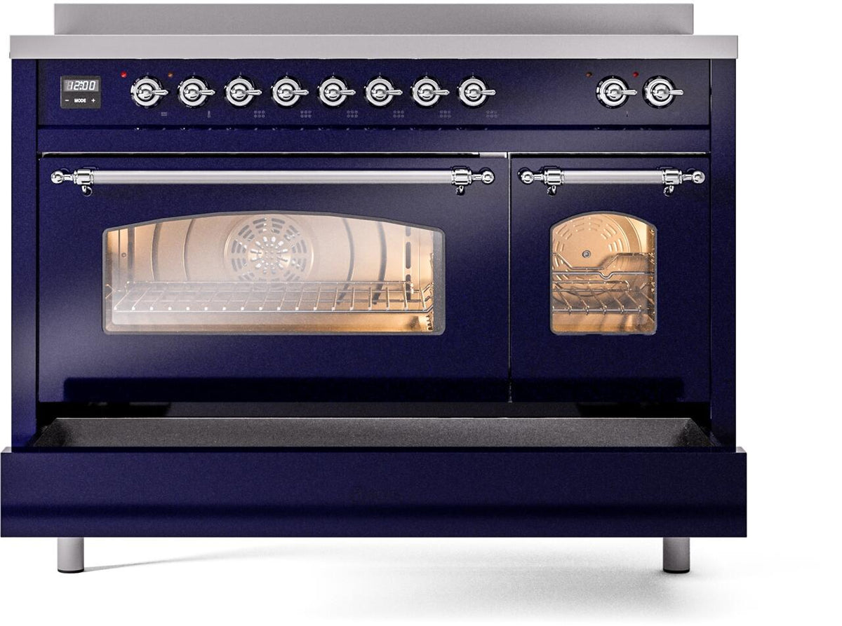 Midnight blue freestanding electric induction range with chrome trim, glass oven windows