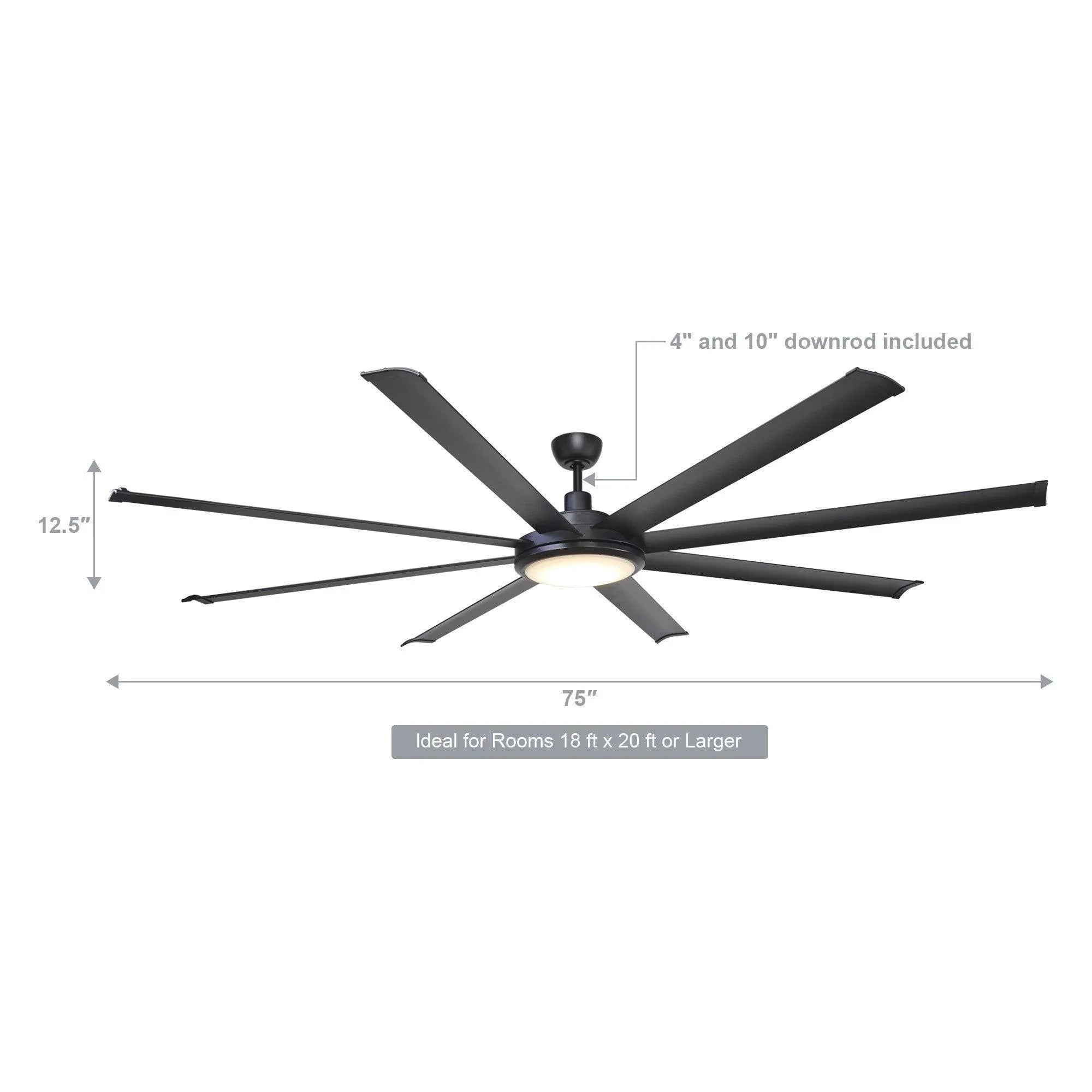 Black 75-inch ceiling fan with light, remote control, and 4- and 10-in downrods