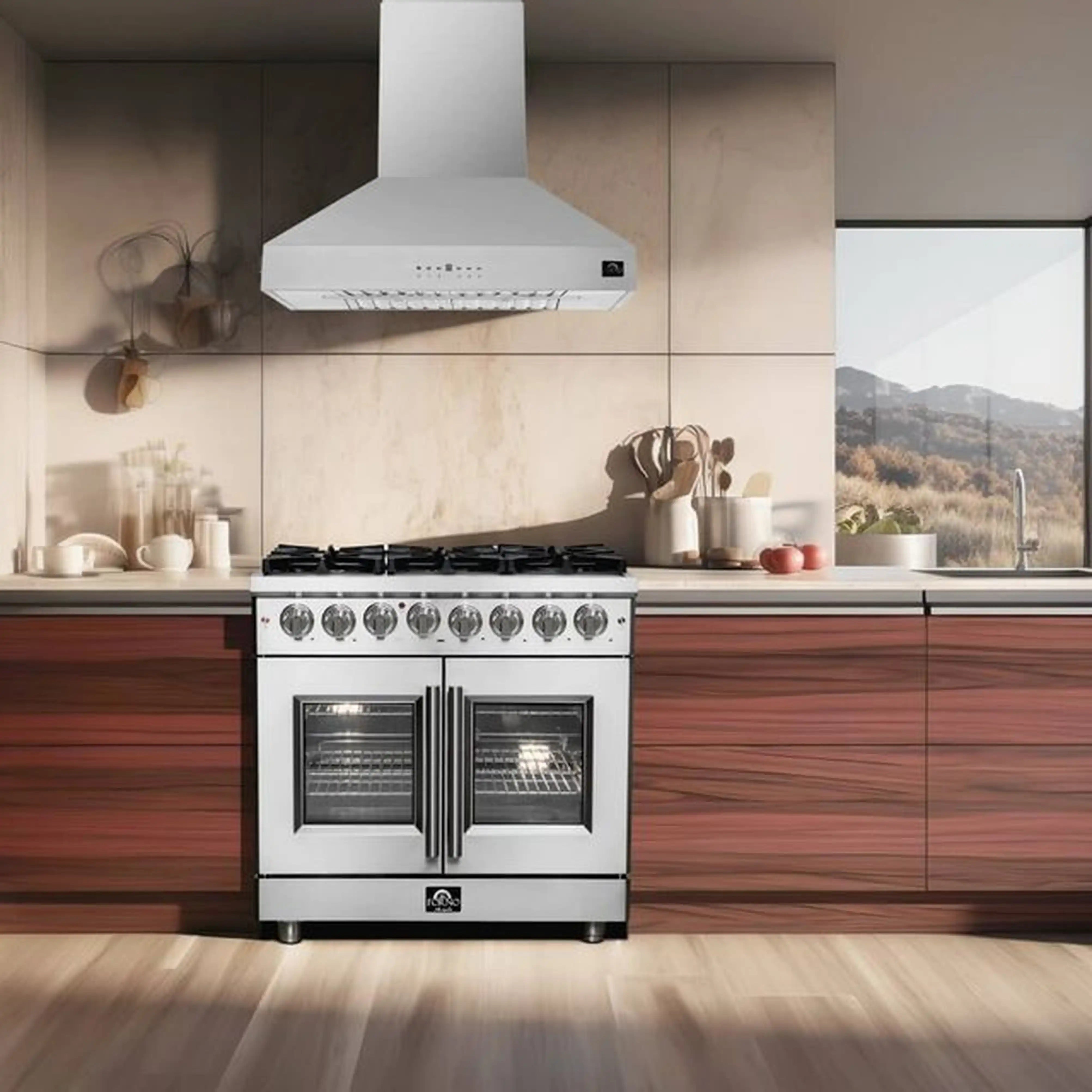 Stainless steel freestanding dual fuel range with double oven doors