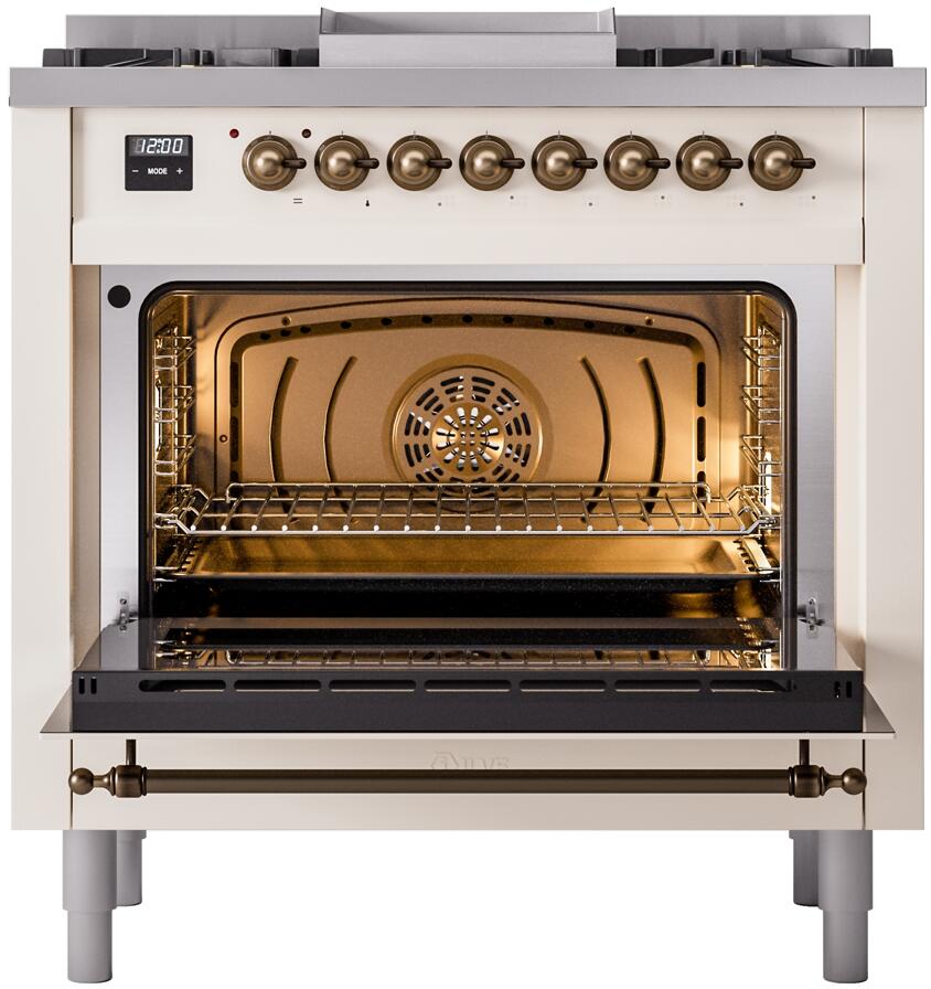 Antique white dual fuel range with oven door open, wire rack, and warm interior light
