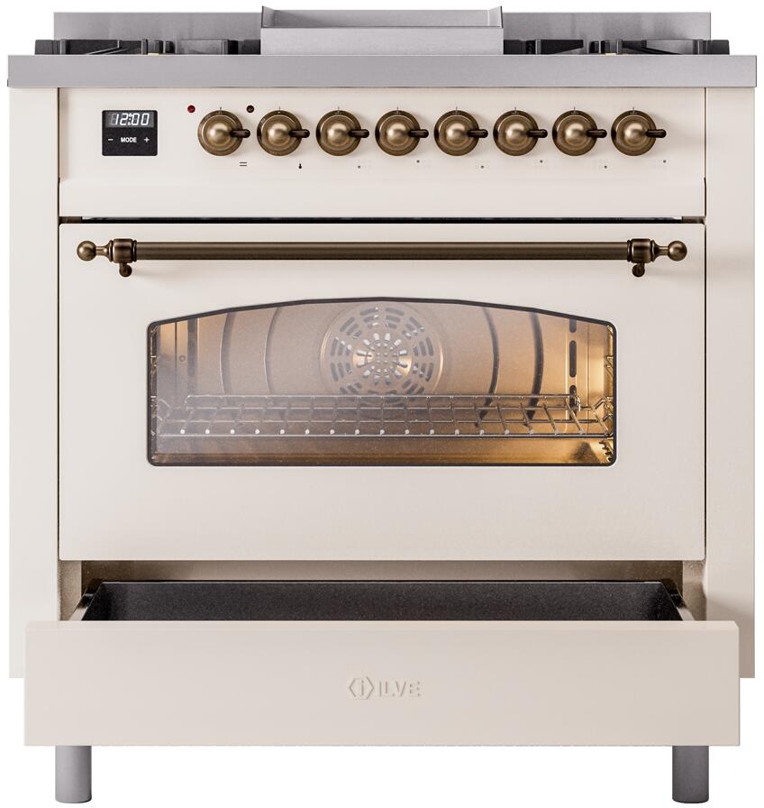 Antique white freestanding dual fuel range with oven door window, bronze handles, and drawer