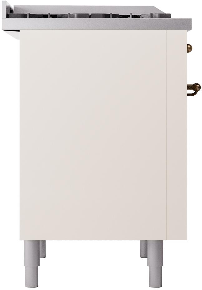 Antique white freestanding range side view with bronze handle detail and leveling legs