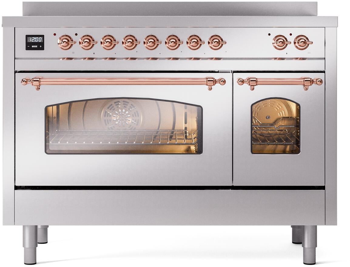 Stainless induction range with copper-trim controls and glass front oven door
