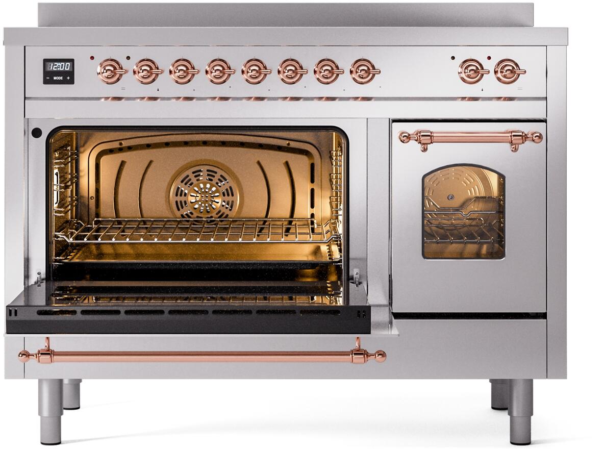 Freestanding stainless induction range with copper-trim handles and two windowed ovens