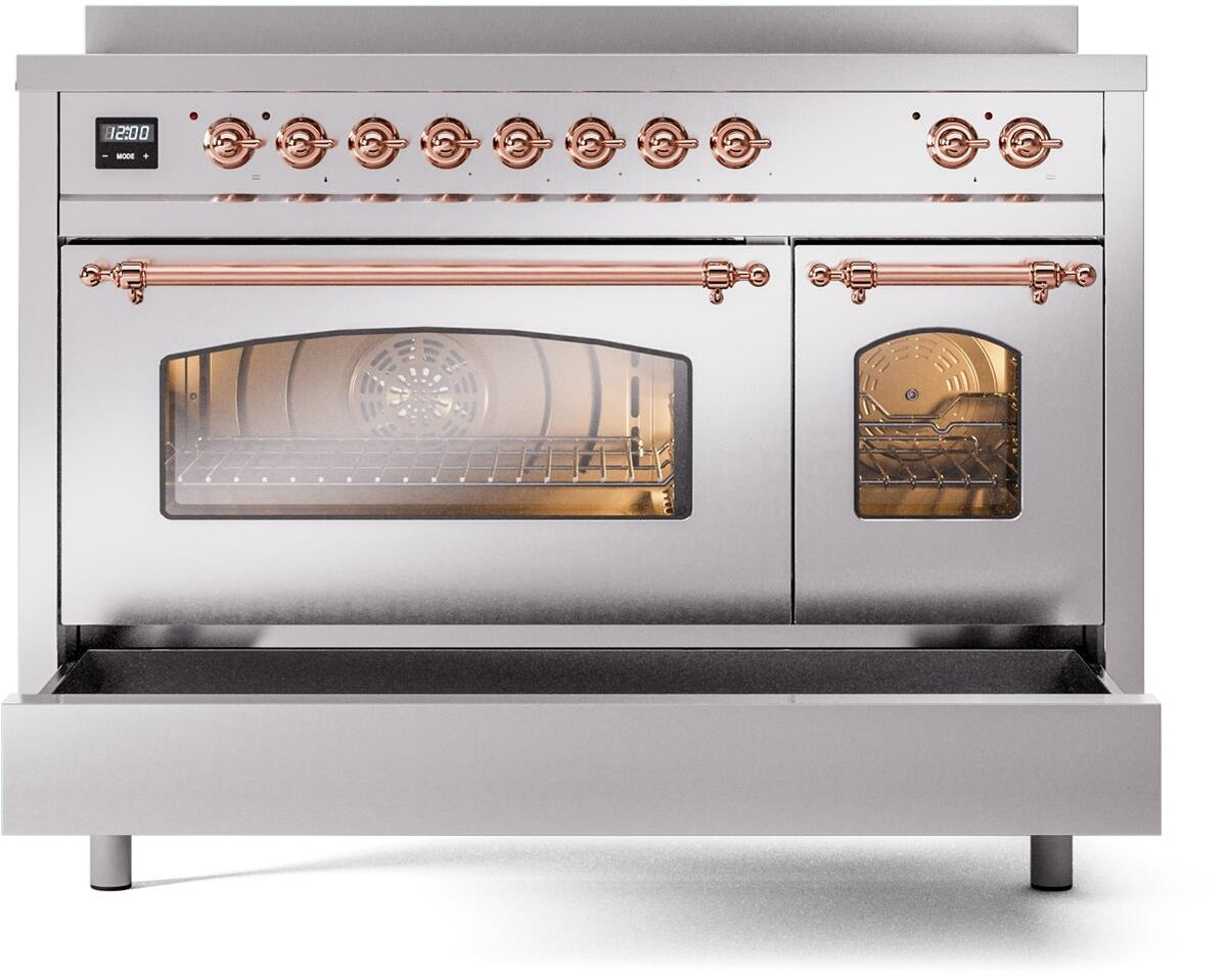 Front view stainless induction range with copper-trim knobs, oven windows, and feet