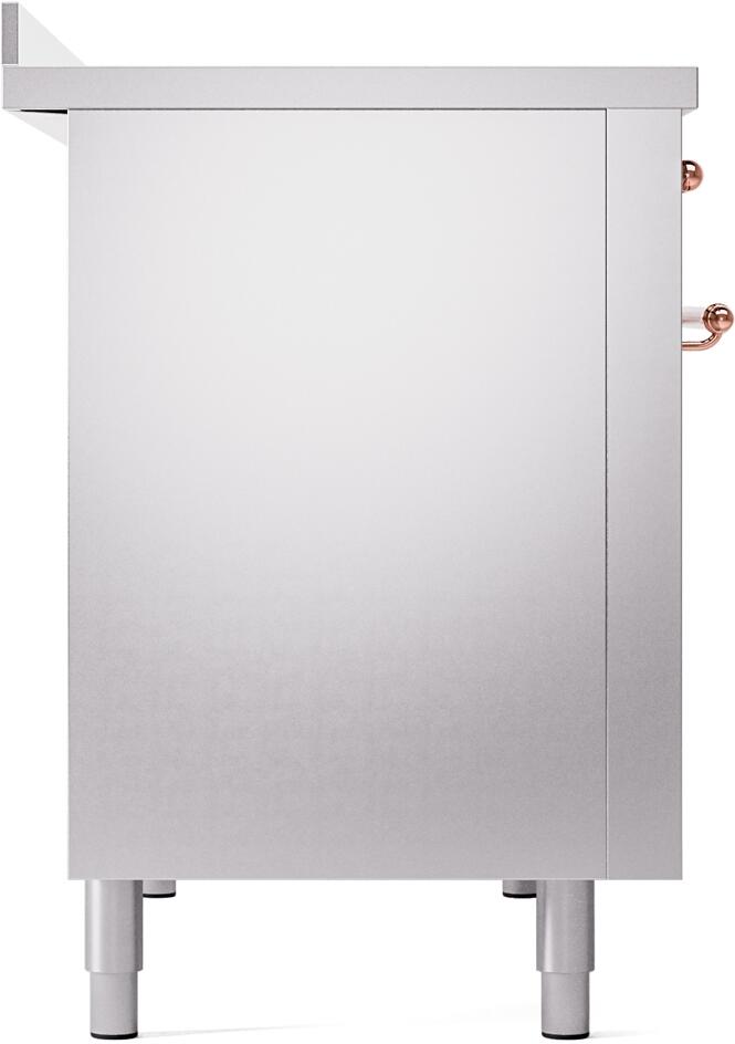 Side panel of freestanding stainless induction range with four bottom feet