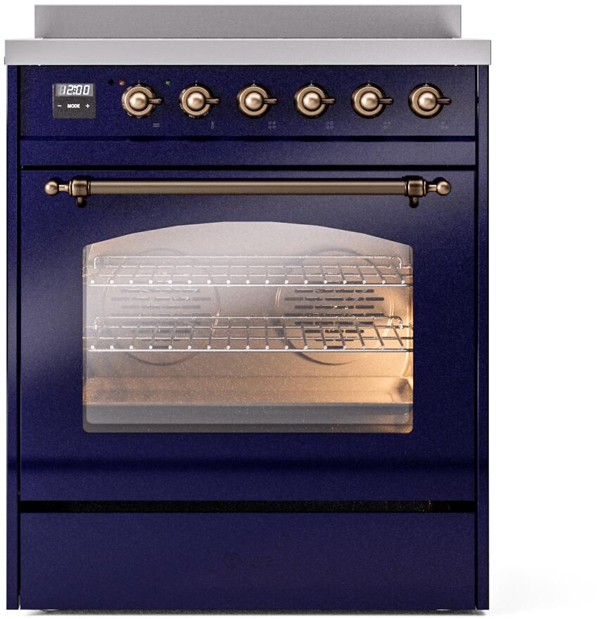Freestanding induction range, midnight blue with bronze control knobs and open oven window