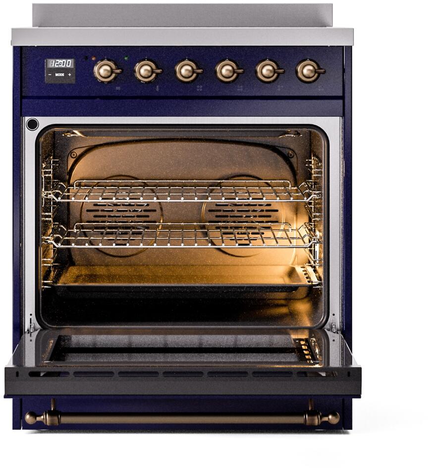 Induction range with interior oven racks and heating elements visible through open door
