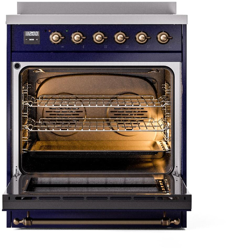 ILVE Nostalgie II 30-Inch Freestanding Electric Induction Range in Midnight Blue with Bronze Trim (UPI304NMPMBB)