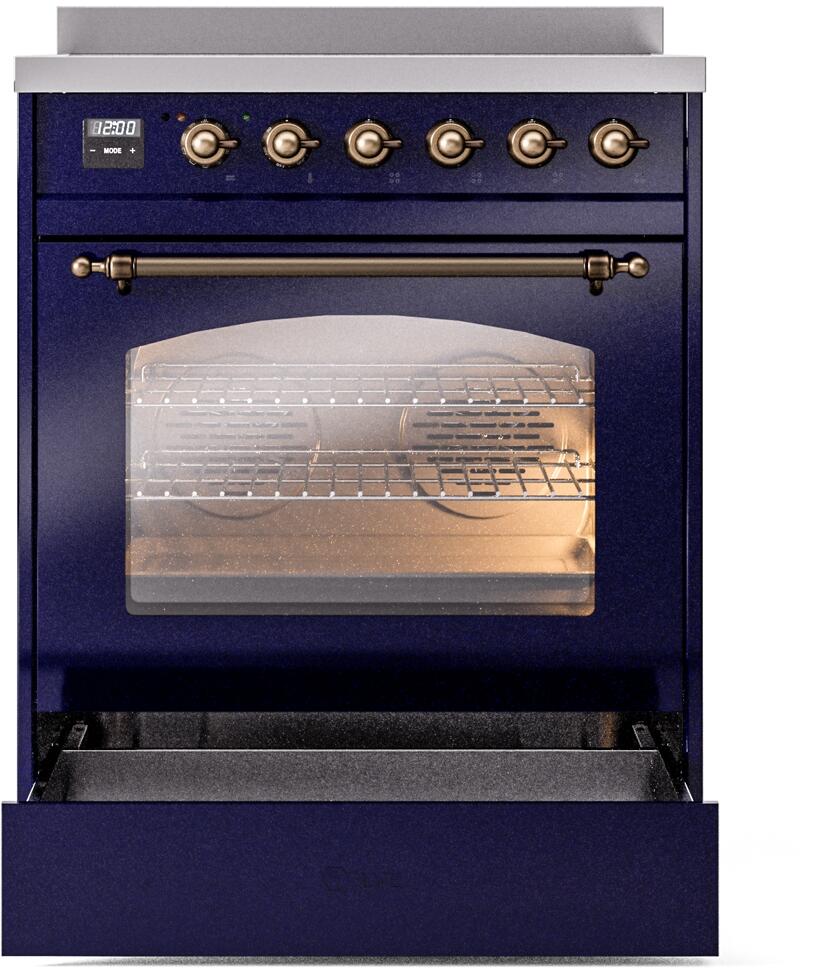 Freestanding induction range with oven window and bronze rail handle, midnight blue finish
