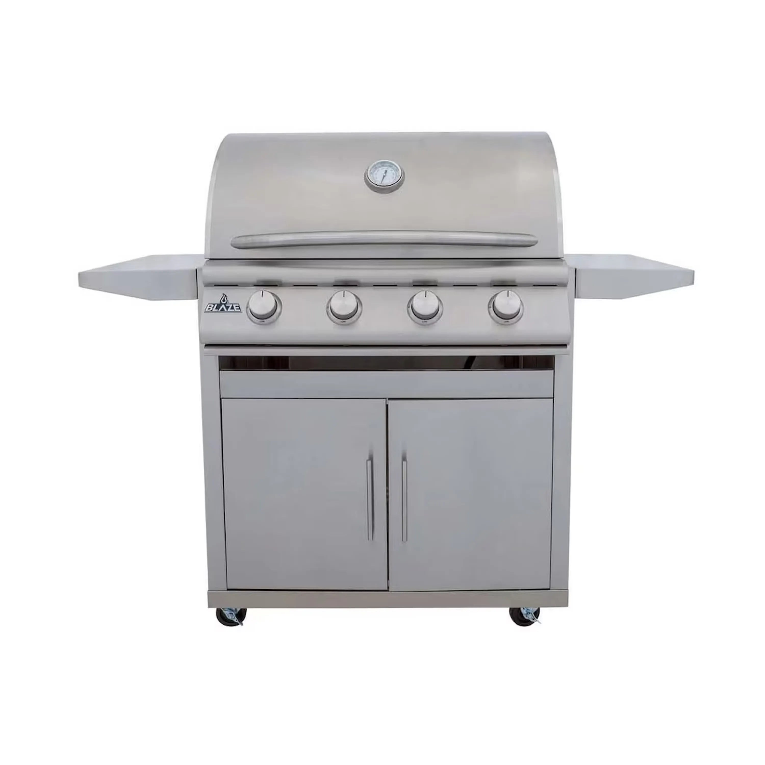 Stainless steel 4-burner natural gas grill with cabinet doors and control knobs