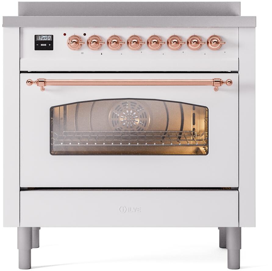 White freestanding induction range with copper knobs and windowed oven door, digital display.