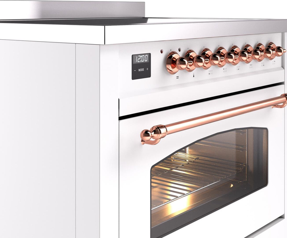 White freestanding induction range with copper control knobs, copper handle, and oven door window.