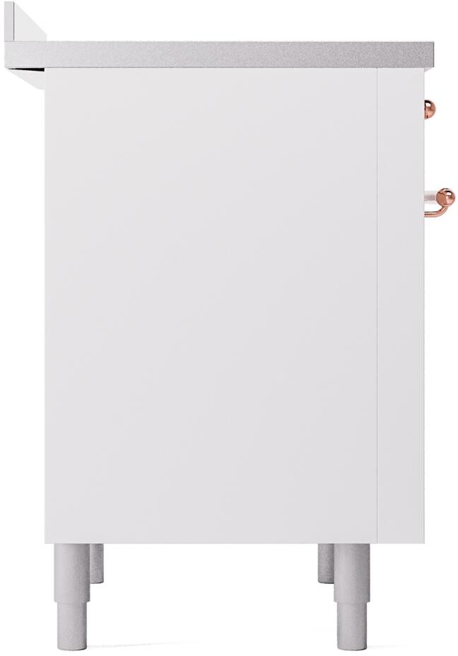 White side panel of freestanding induction range with front legs and small copper control detail.