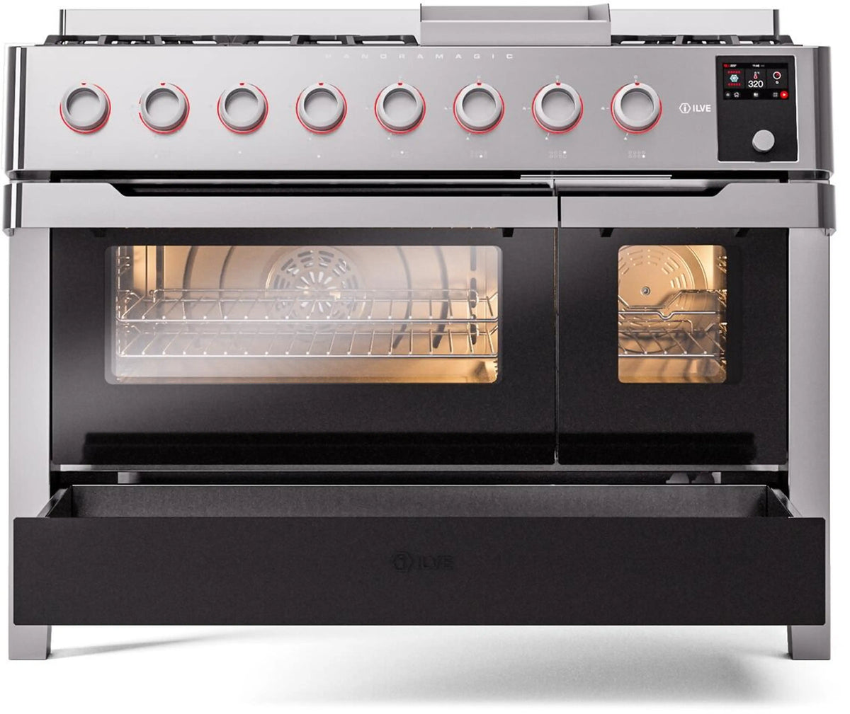 Freestanding dual fuel range with open oven doors and burner control knobs