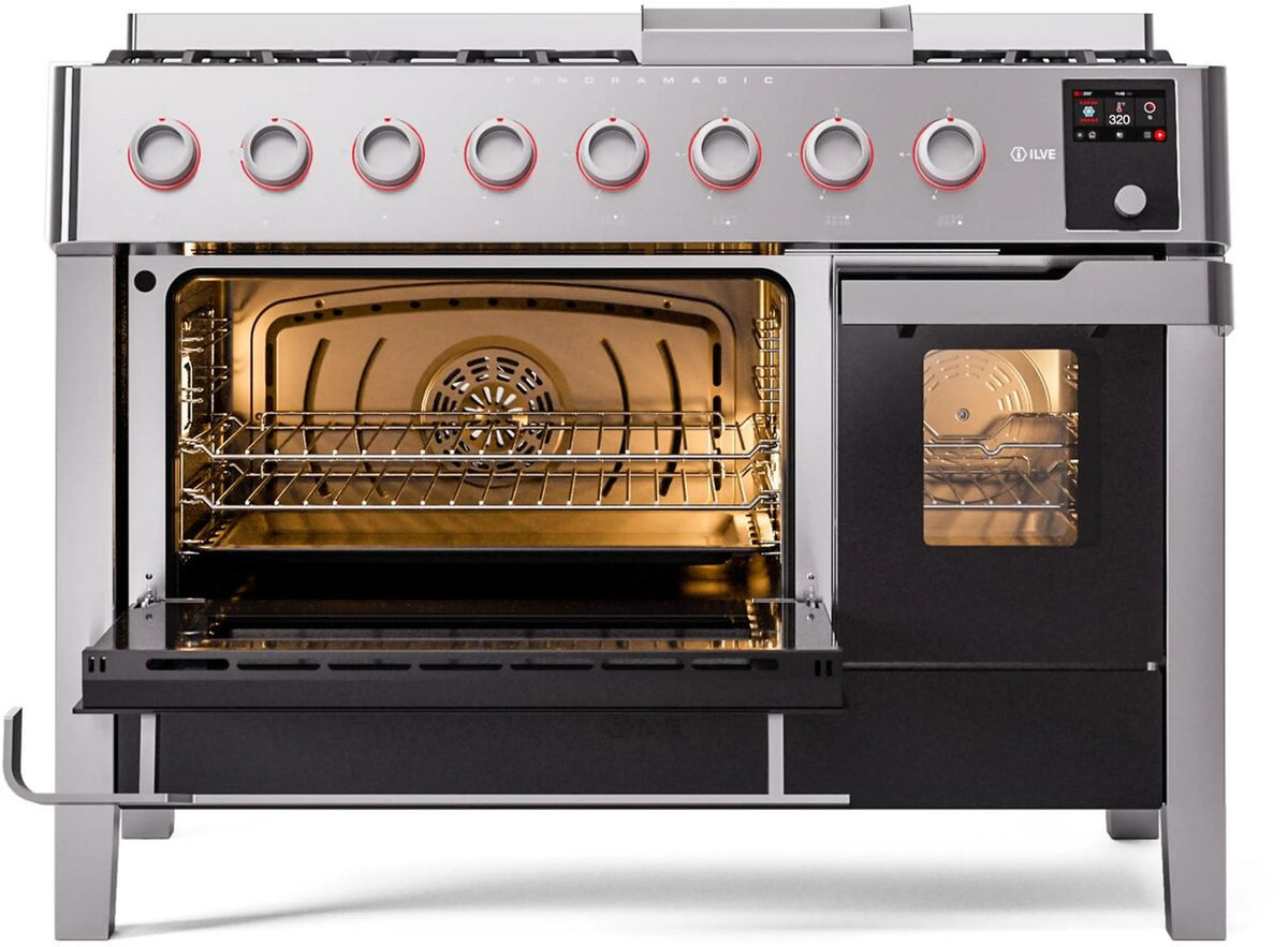 Stainless steel freestanding dual fuel range with oven door open and interior racks visible