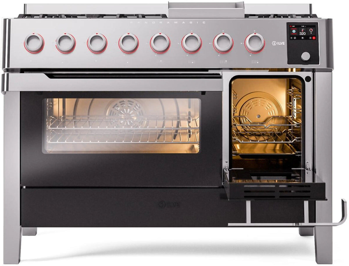 Stainless steel dual fuel range with glass oven door open and control panel with burner knobs