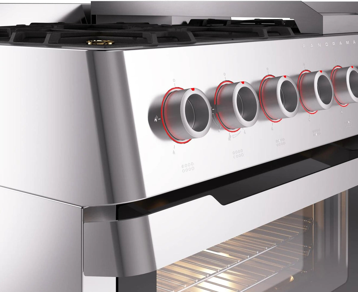 Stainless steel dual fuel range control knobs and recessed burner area on the front panel