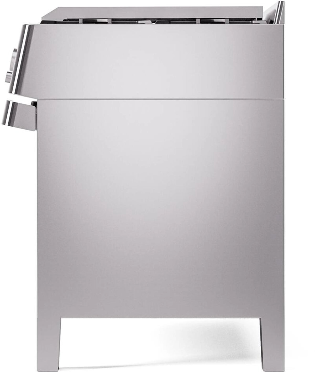 Stainless steel freestanding dual fuel range end panel and lower base legs