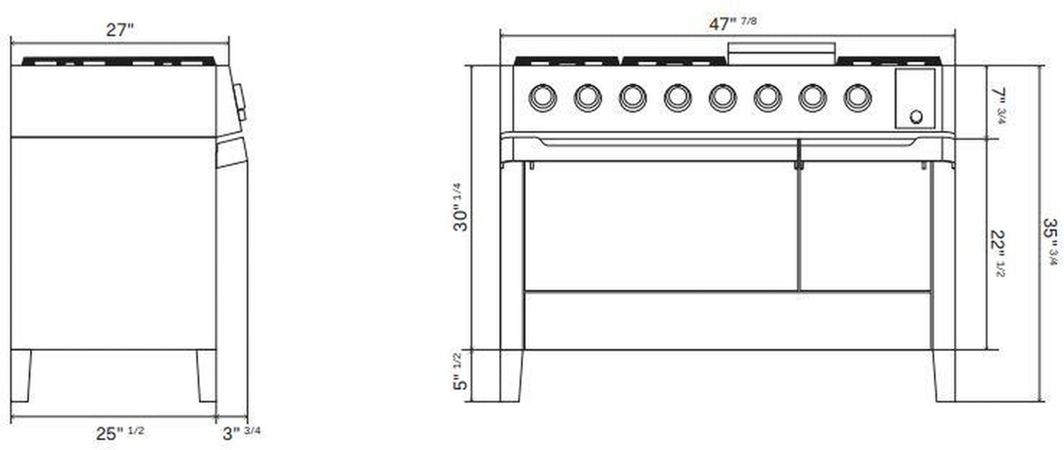Stainless steel dual fuel range technical line drawing with front and side dimensions