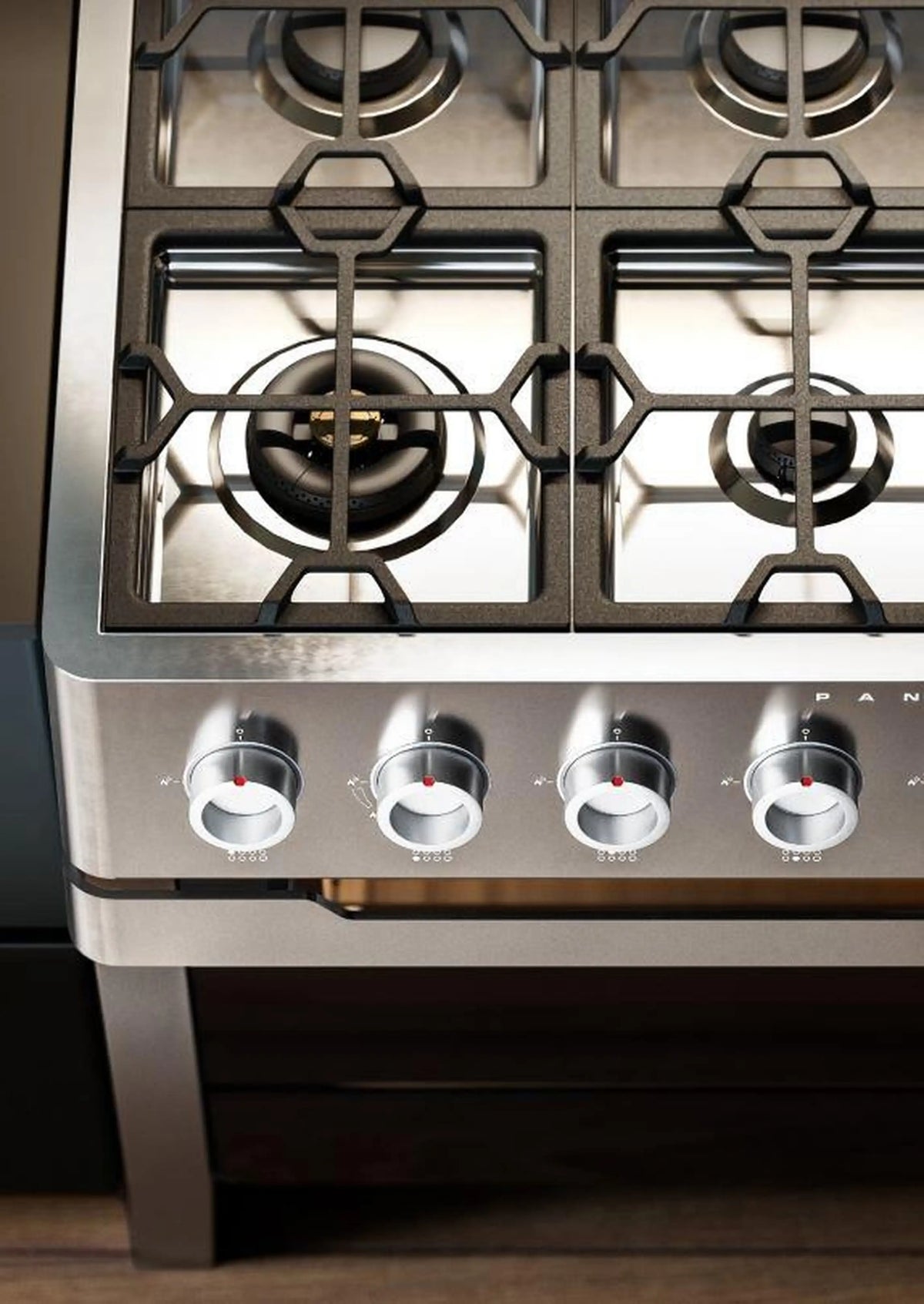 Stainless steel dual fuel range cooktop with four burners and front control knobs