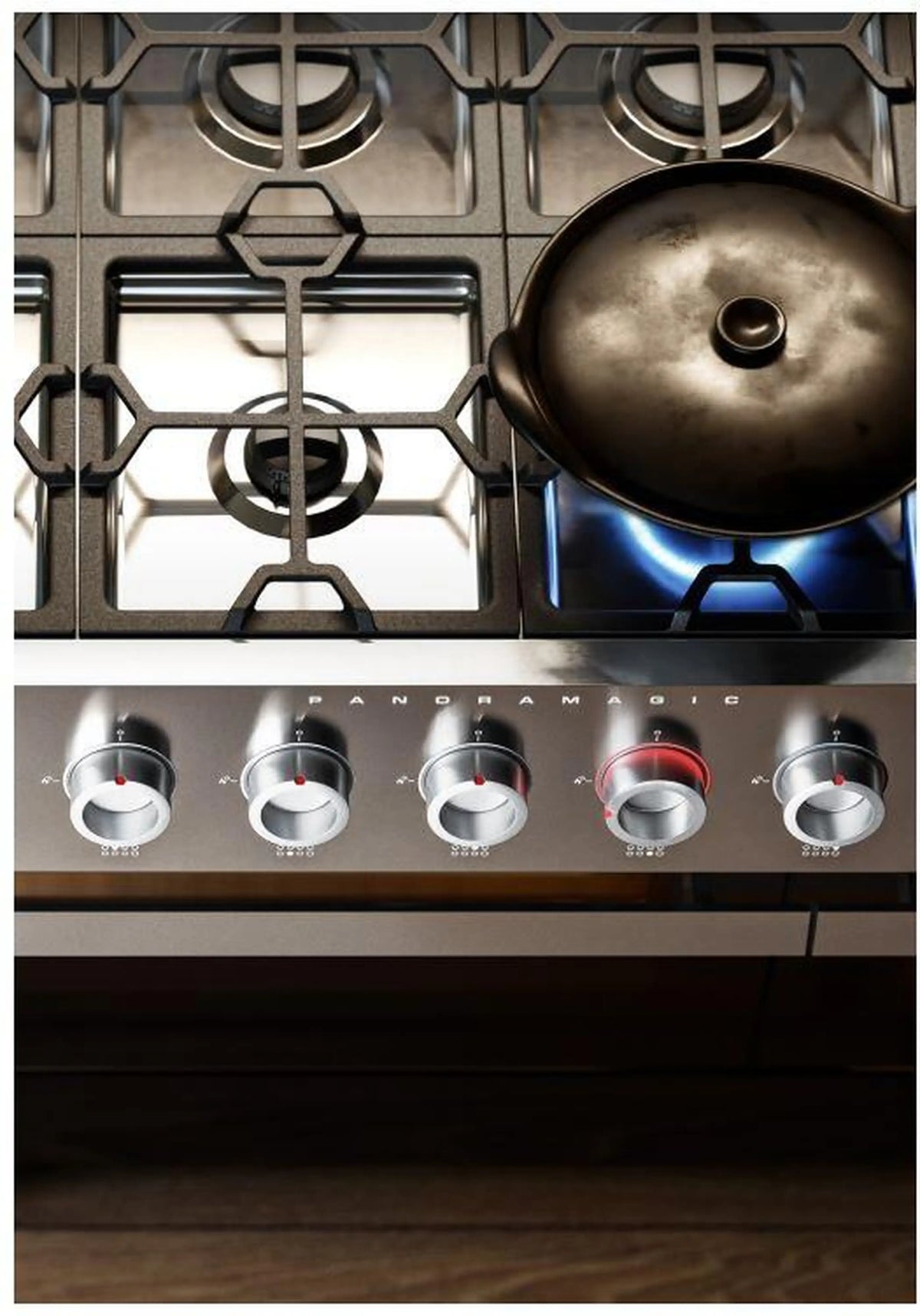 Stainless steel freestanding gas range cooktop with four burners and control knobs