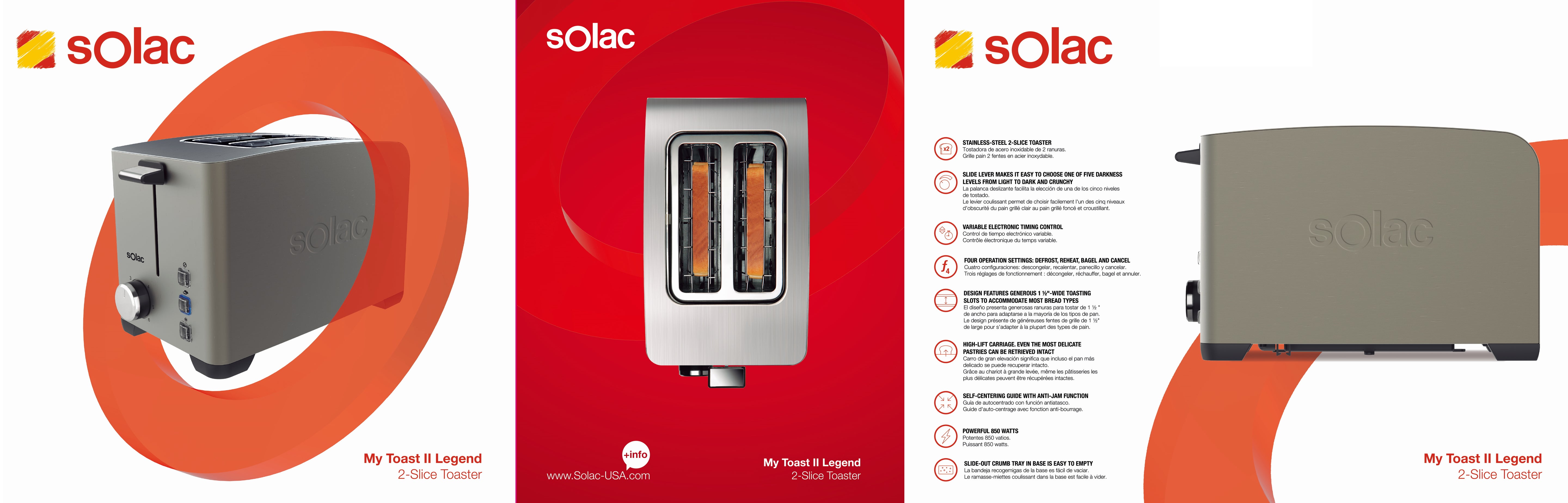 Solac 2-slice toaster retail box showing product and feature icons