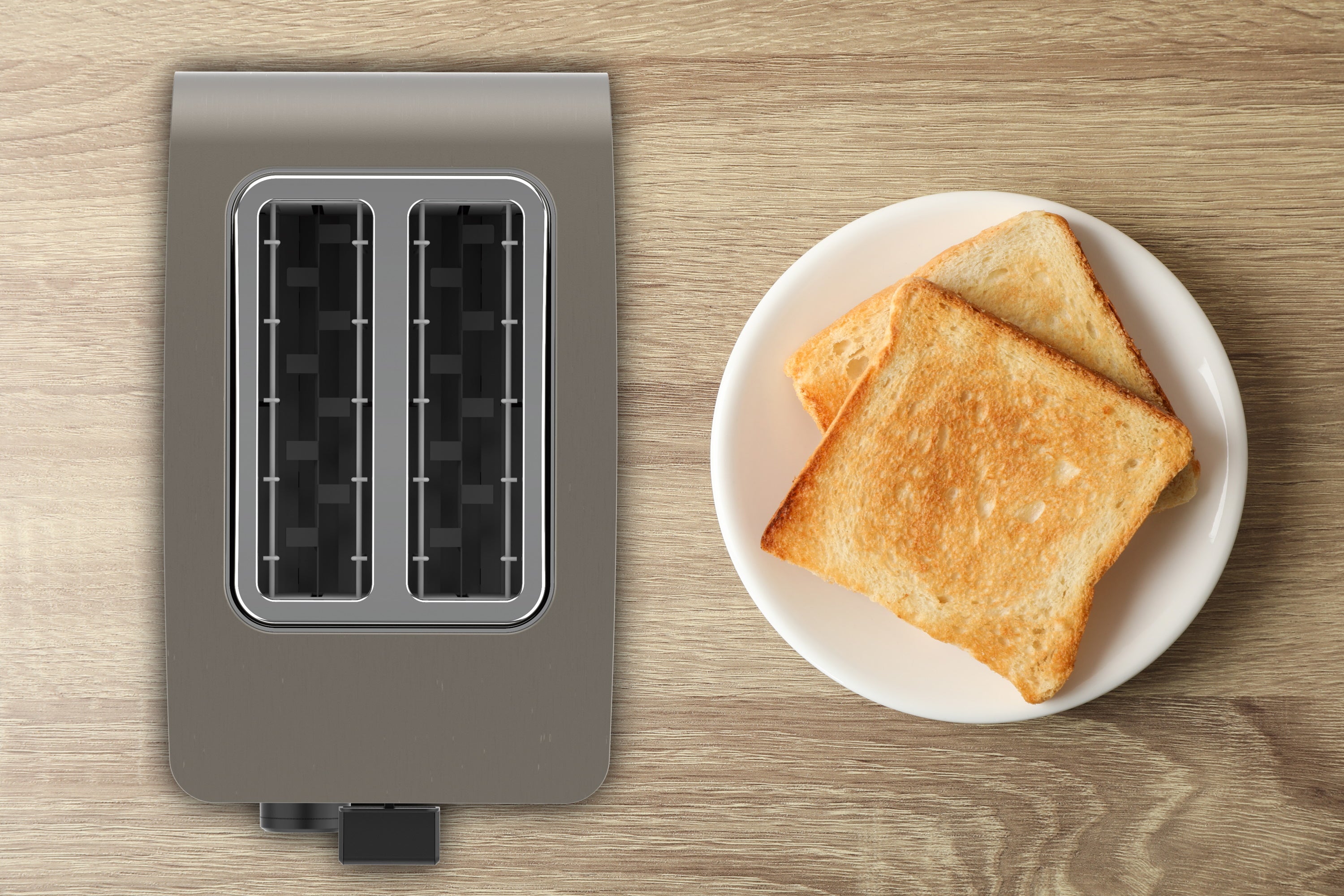 Solac 2-slice toaster top view with slots and toast on a plate