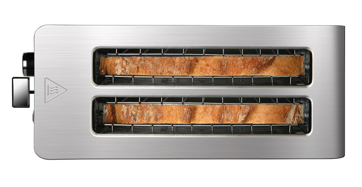 4-slice stainless steel toaster with two open slots and toasted bread