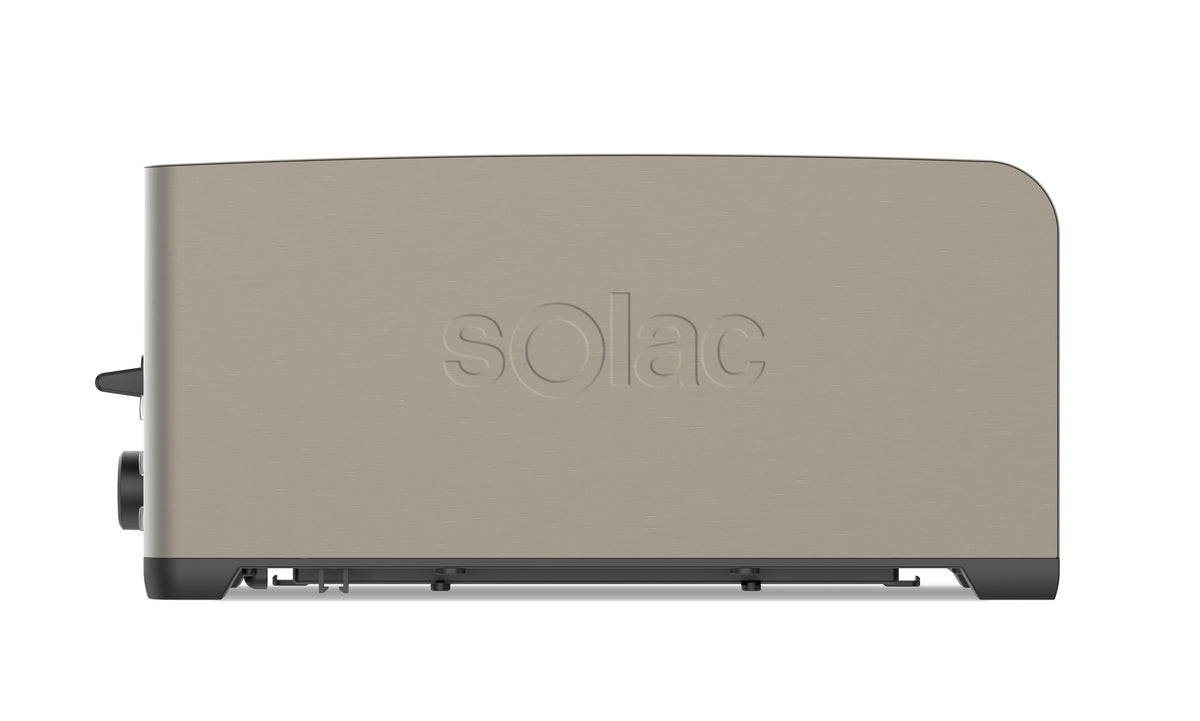 Stainless steel toaster with centered logo and side control knobs