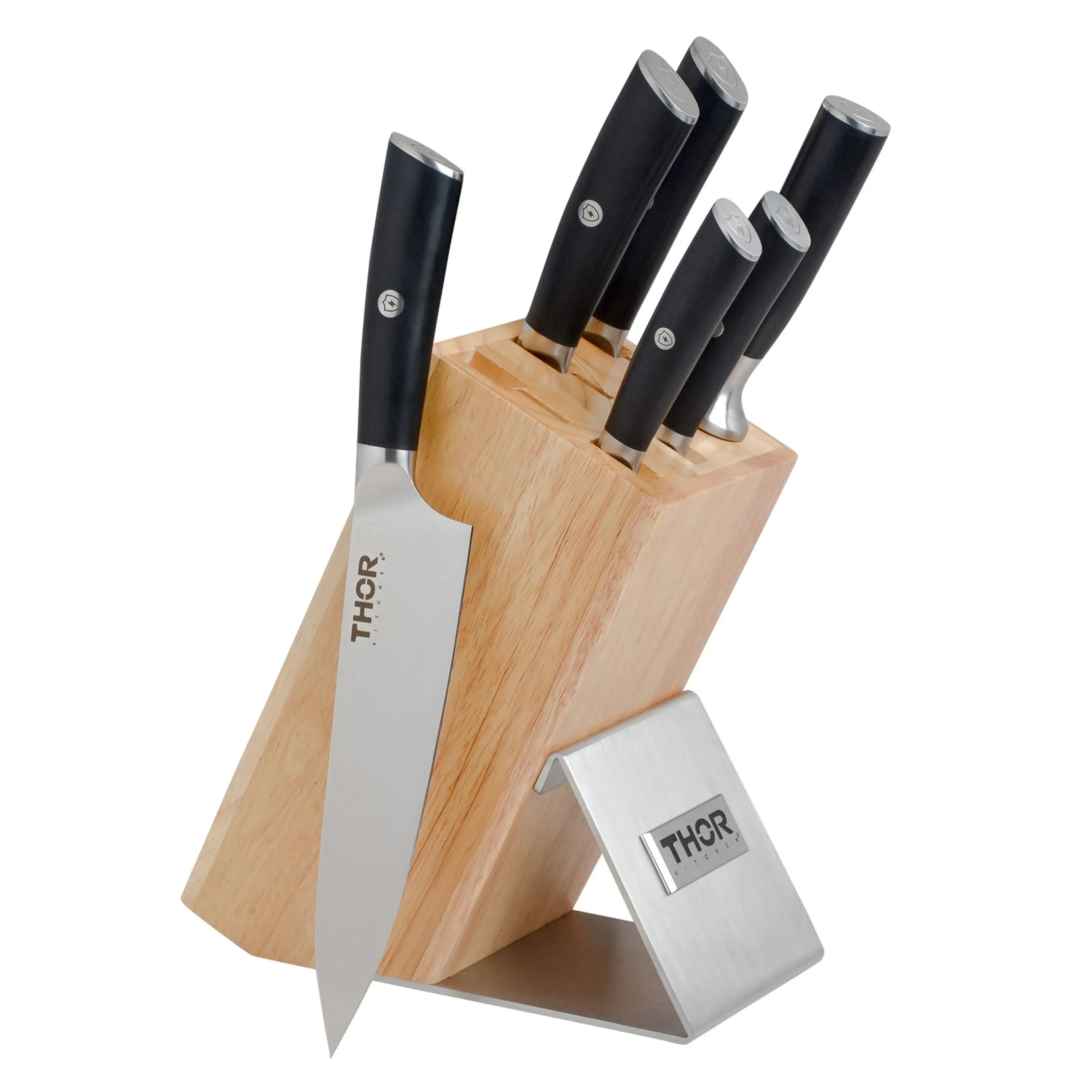 Knife set with light wood knife block, black handles, and stainless blade inserts