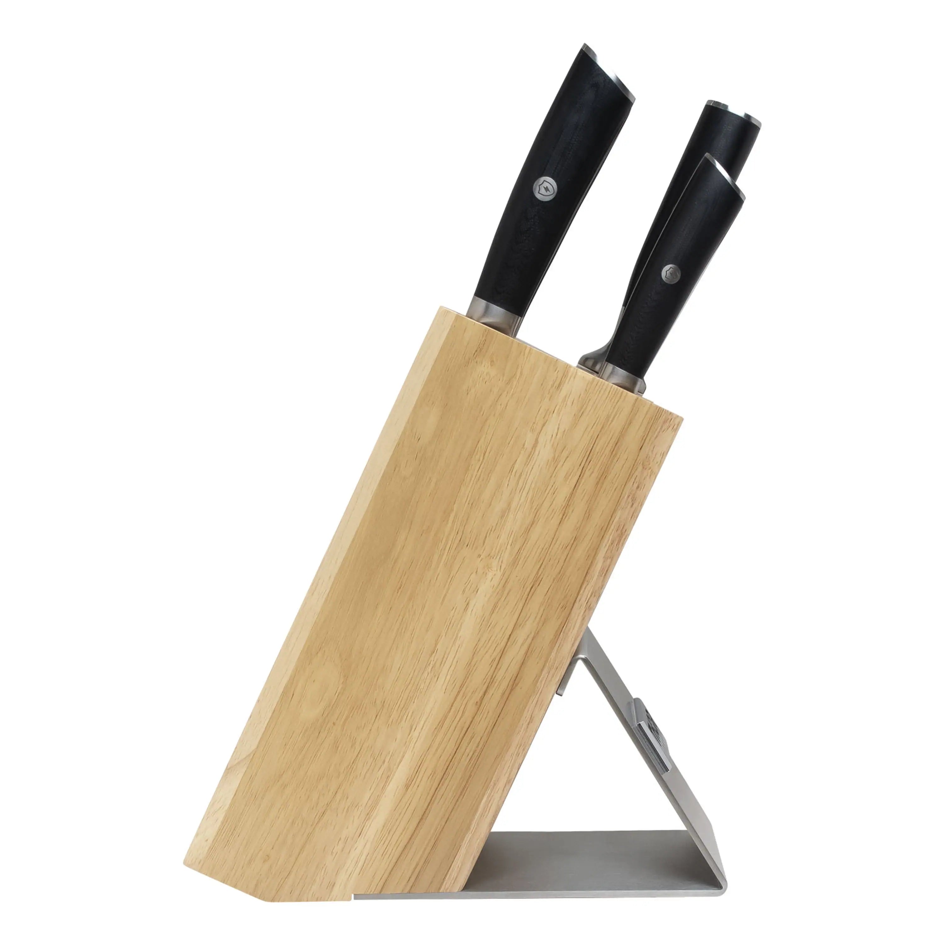 Knife set in light wood block with black handles, stainless blades, and open slot stand
