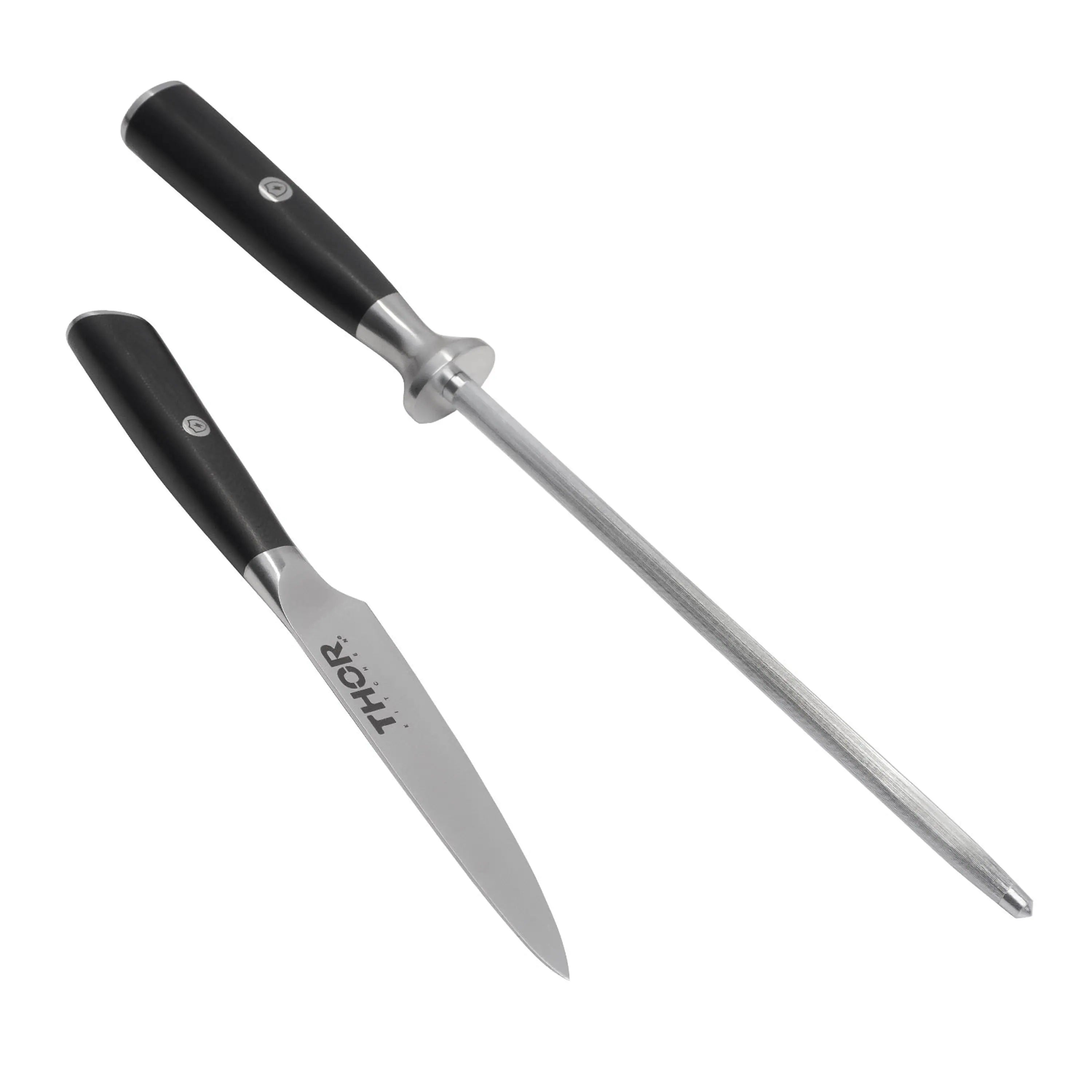 Paring knife and chef knife with black handles and stainless blades