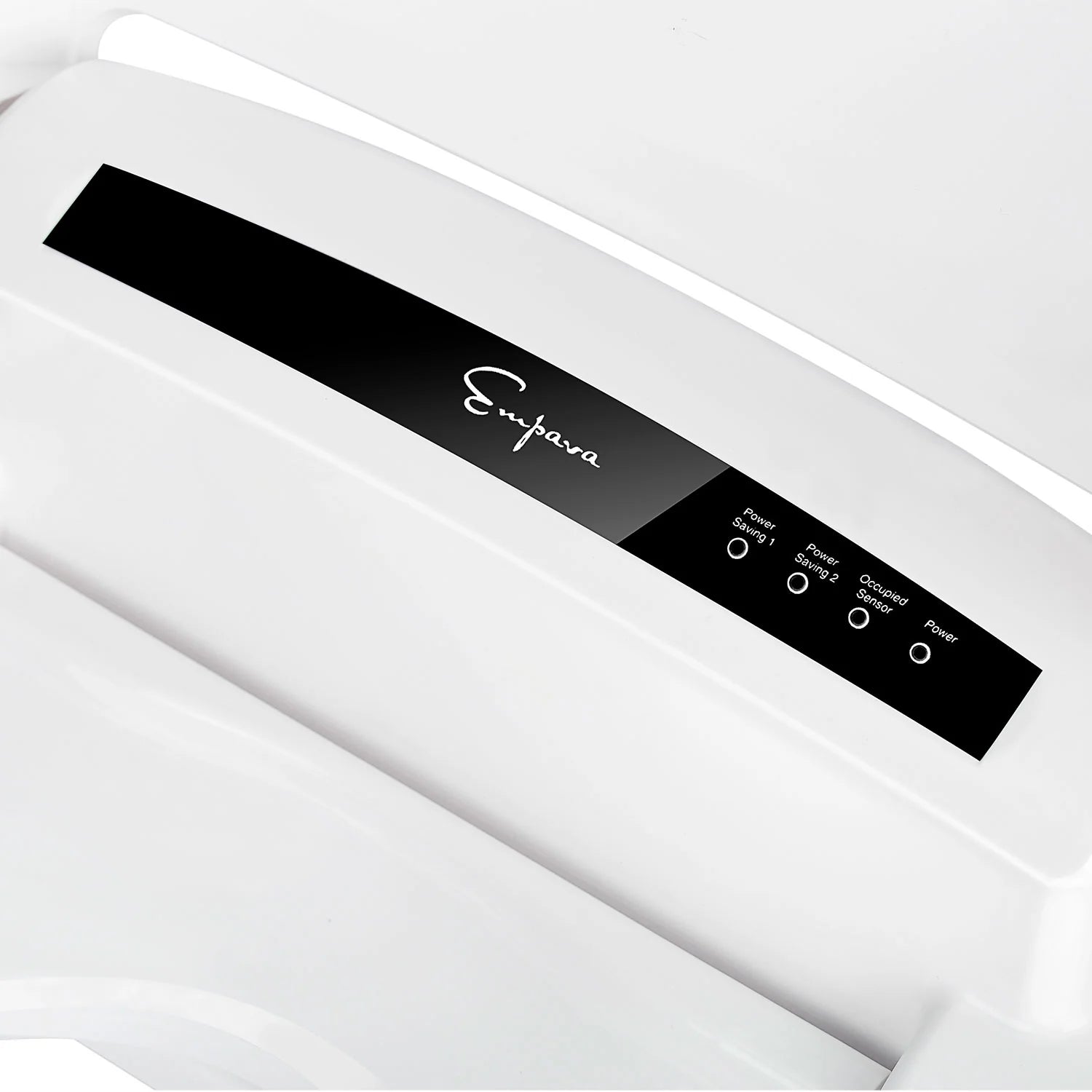 Electric bidet seat top panel with black display strip and control icons on white