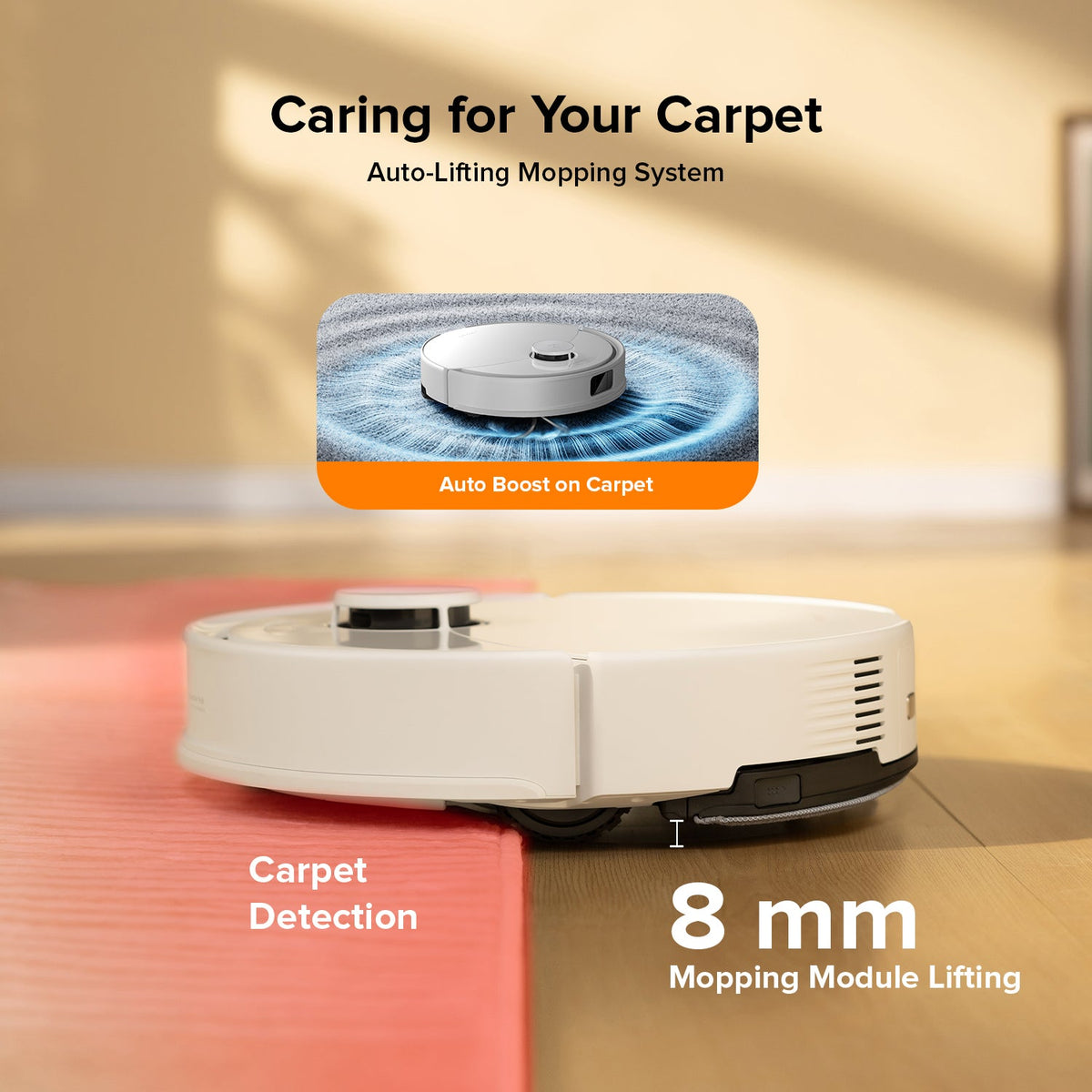 White robot vacuum and mop on carpet with auto-lifting mopping module