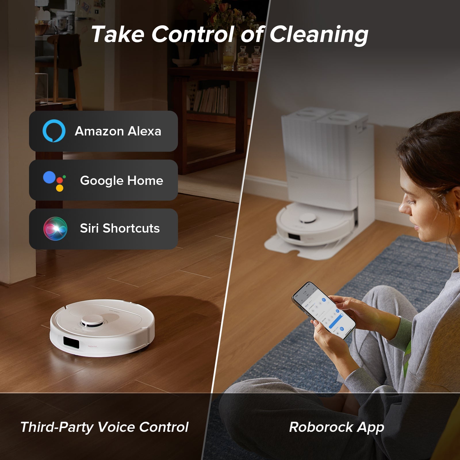 White robot vacuum controlled by phone, with Alexa and Google Home app options