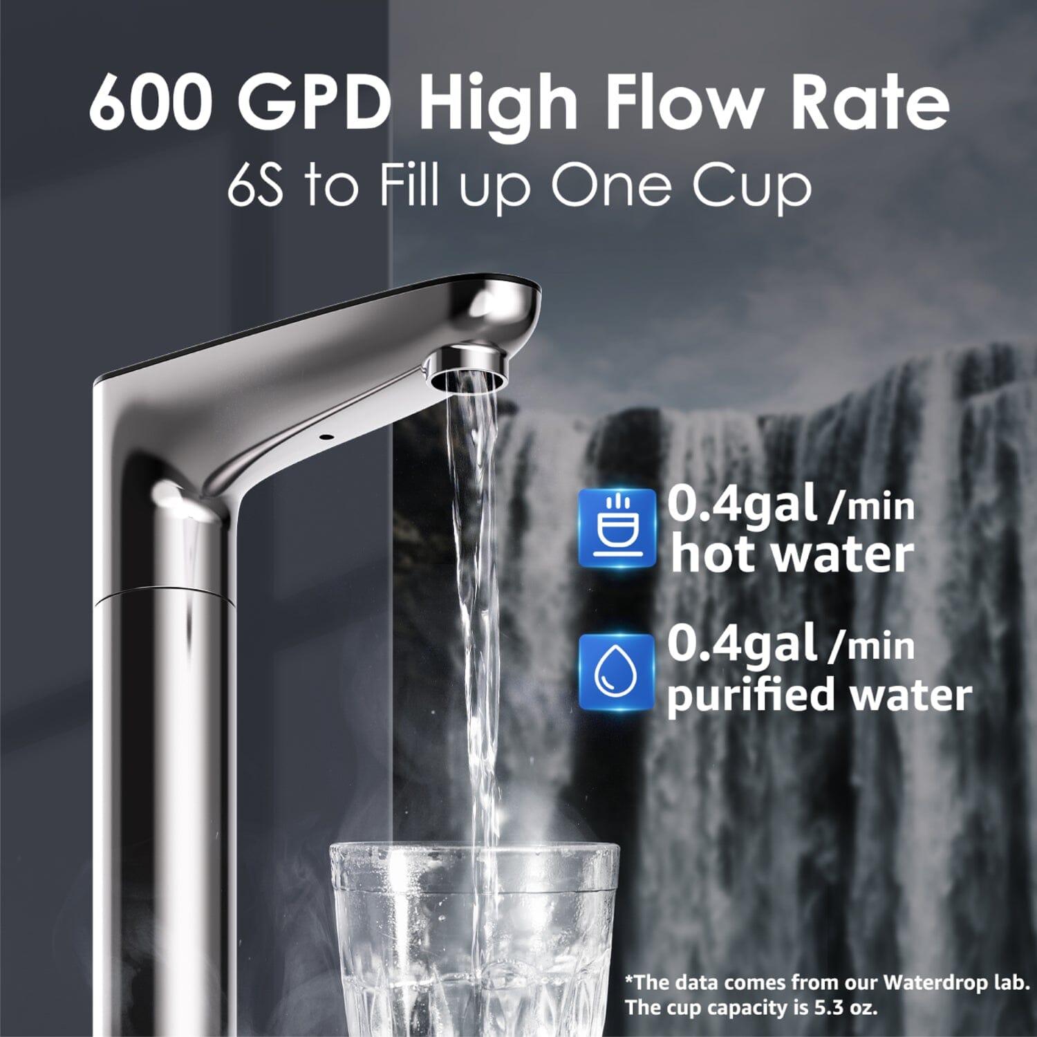 Chrome faucet pouring hot and purified water from white instant water dispenser