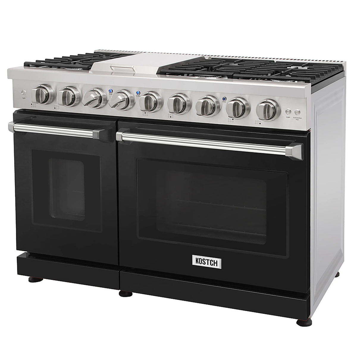 48-inch propane gas range with two oven doors and black glass windows, front view