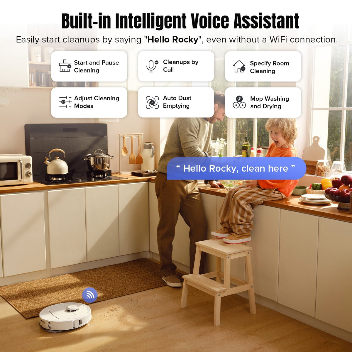 White robot vacuum on kitchen floor with voice assistant prompts in speech bubbles