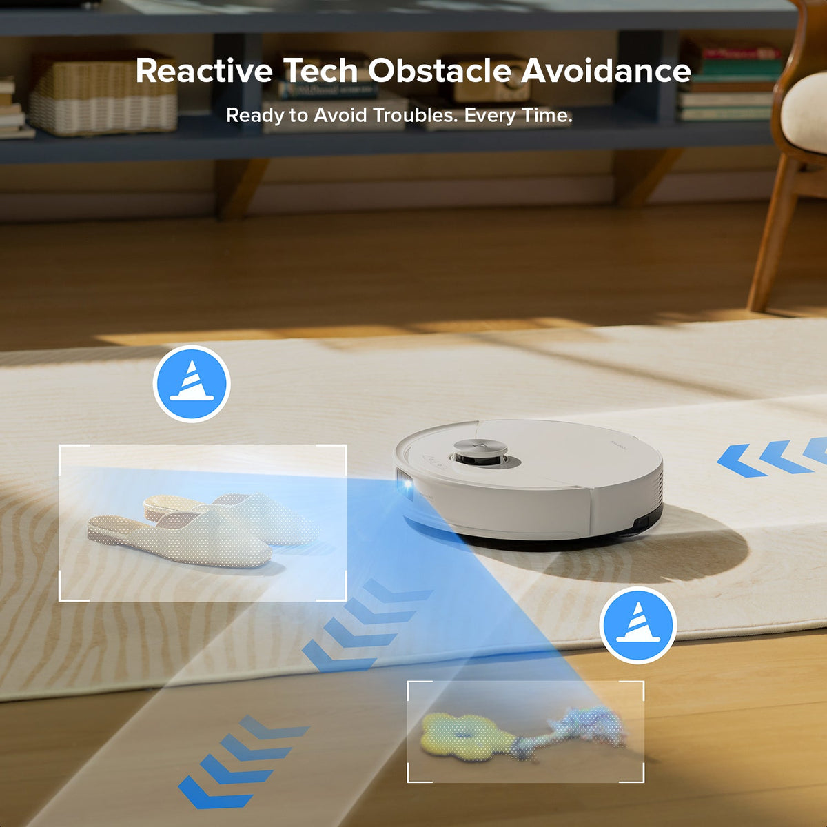 Robot vacuum and mop obstacle avoidance around floor objects on hardwood