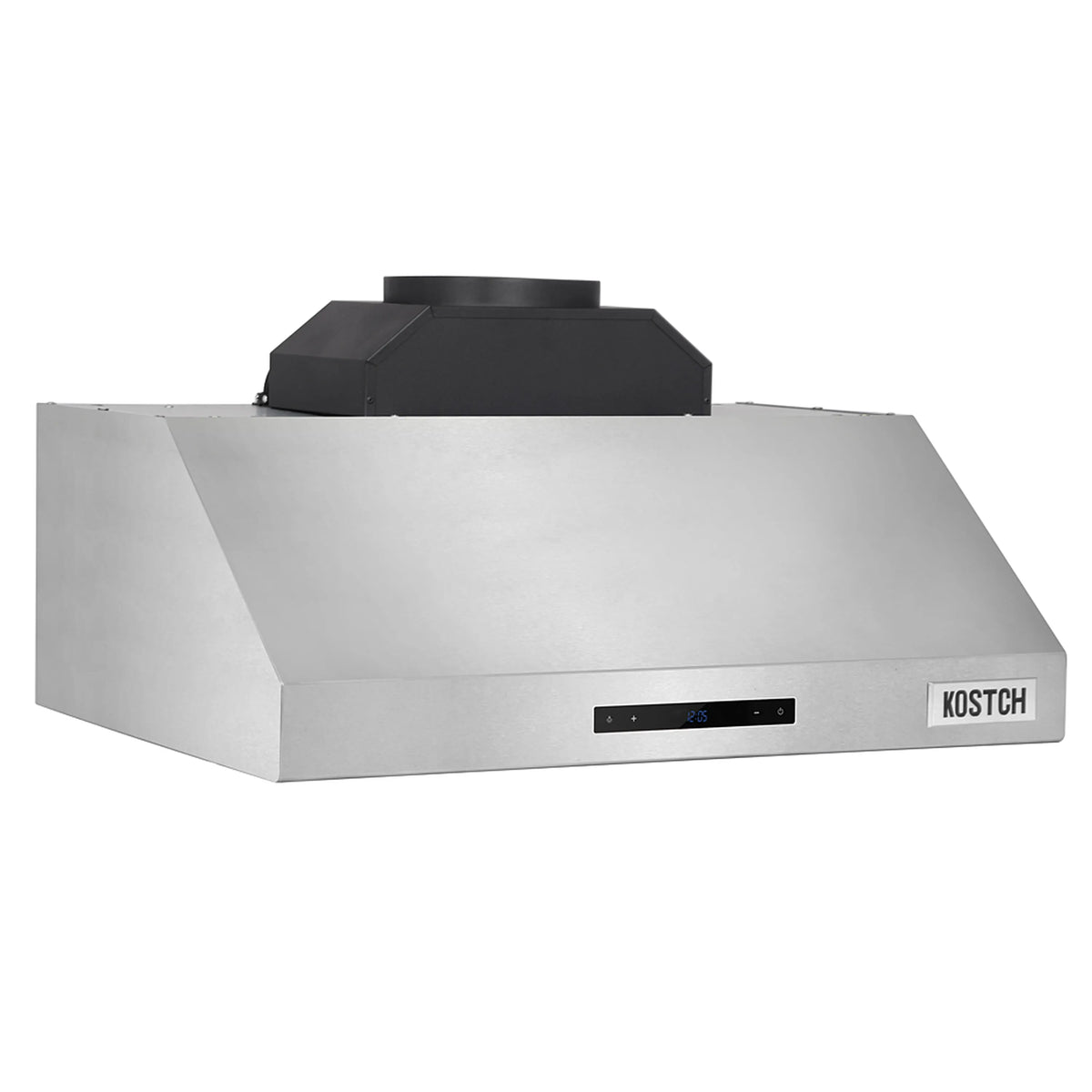 Stainless steel range hood with black chimney cover and front control bar