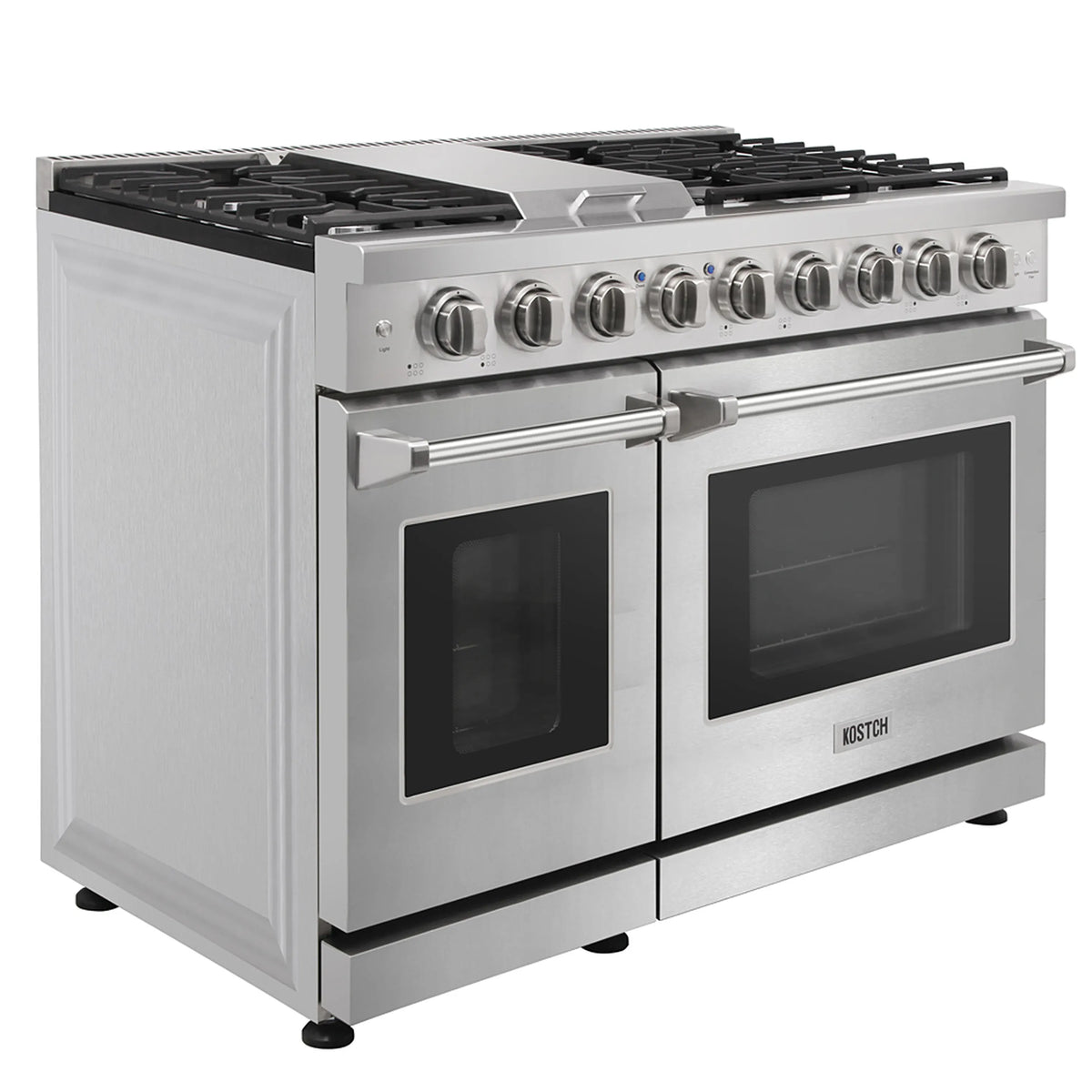 Stainless gas range front with two oven windows, handle, and control knobs
