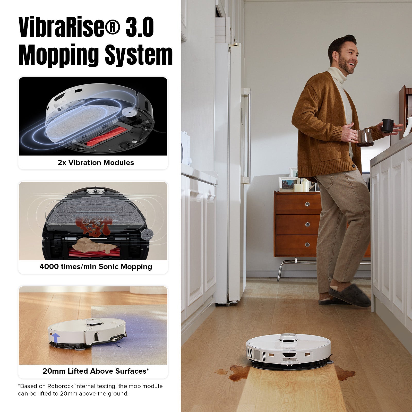 Robot vacuum mopping system with circular mop head in a home hallway