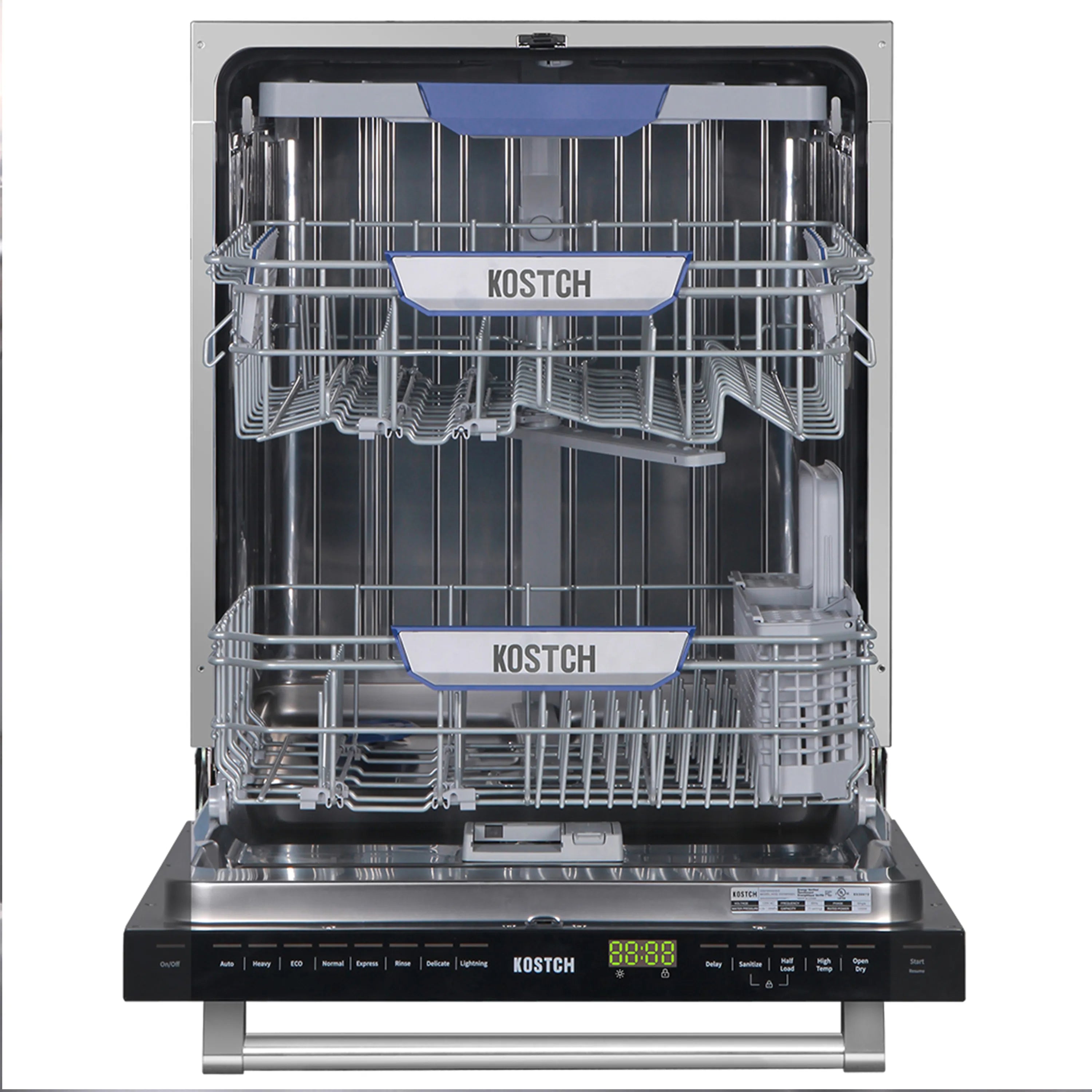 Kostch stainless dishwasher door open with upper and lower racks