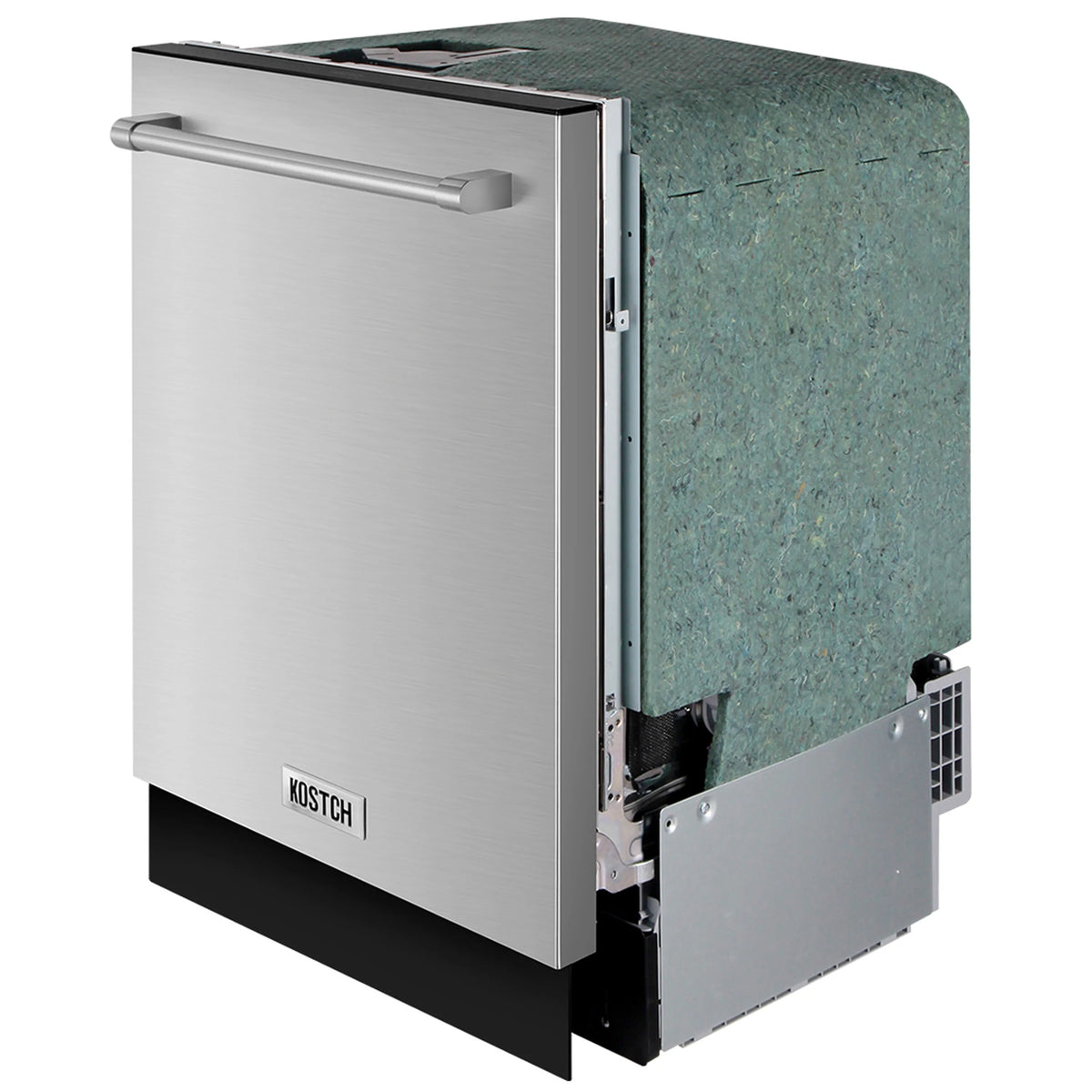 Stainless steel built-in dishwasher side view with door handle and inner access panel