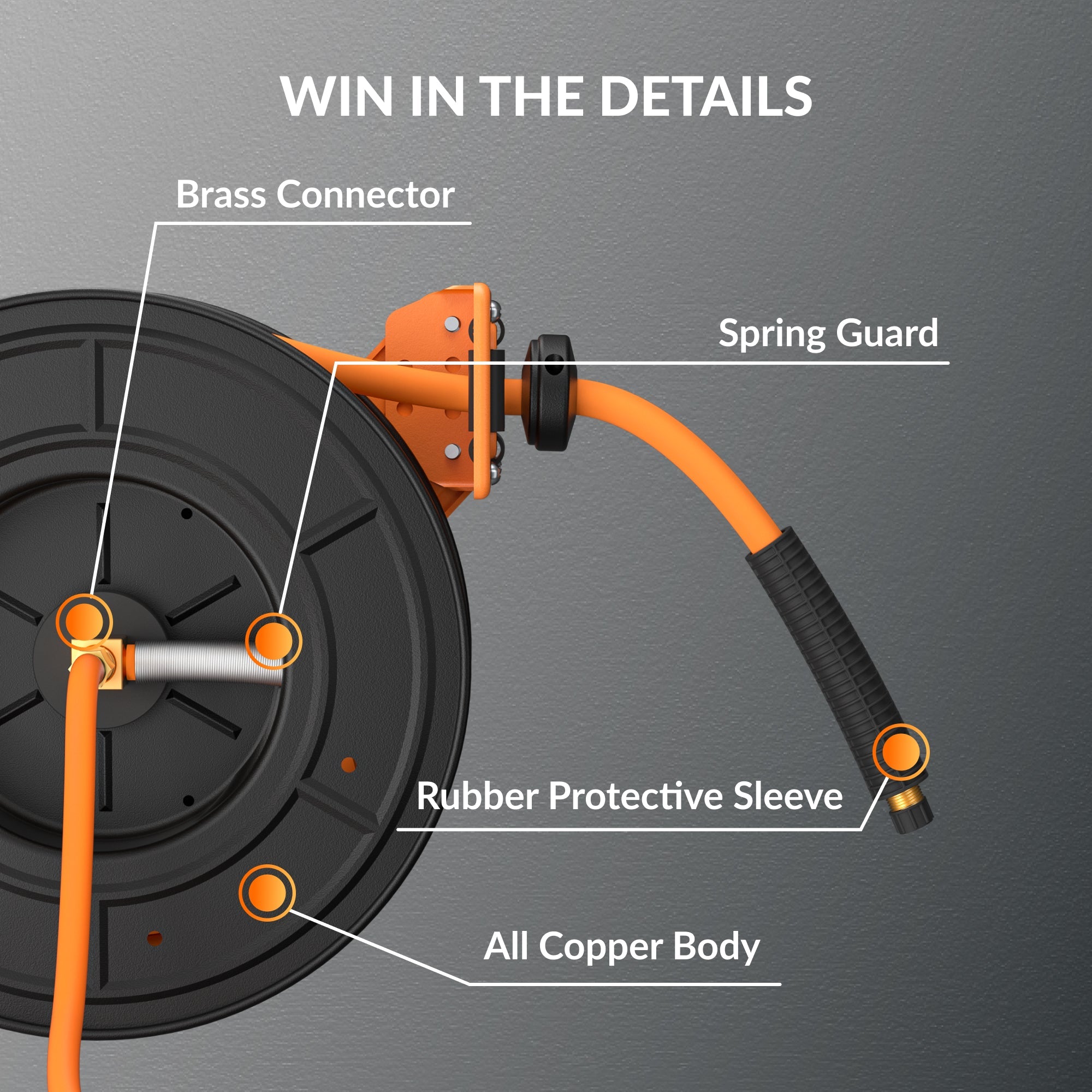 Retractable air hose reel detail: brass connector, spring guard, rubber protective sleeve