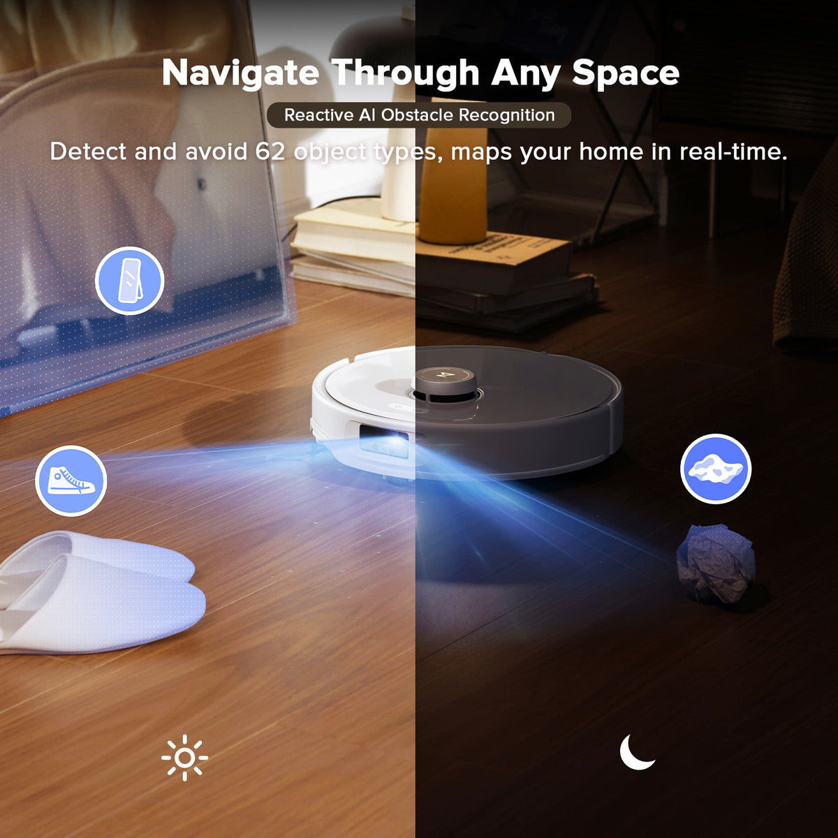 Black and white Roborock robot vacuum navigating around obstacles with sensors